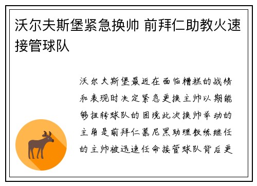 沃尔夫斯堡紧急换帅 前拜仁助教火速接管球队 沃尔夫斯堡紧急换帅 前拜仁助教火速接管球队