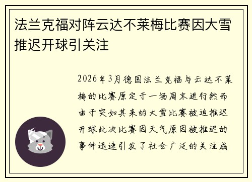 法兰克福对阵云达不莱梅比赛因大雪推迟开球引关注 法兰克福对阵云达不莱梅比赛因大雪推迟开球引关注